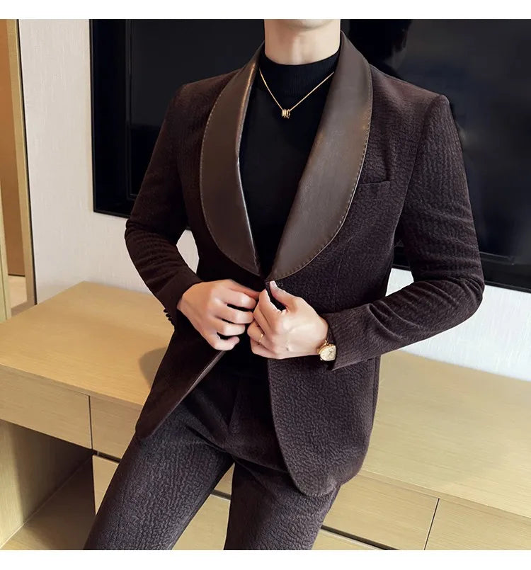British Style PU Patchwork Suit for Men Casual Business Wedding Suits 2 Pieces Set (jacket+pant) Office Work Party Prom Suit