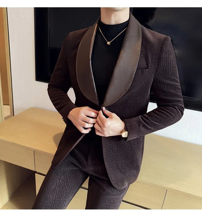 British Style PU Patchwork Suit for Men Casual Business Wedding Suits 2 Pieces Set (jacket+pant) Office Work Party Prom Suit