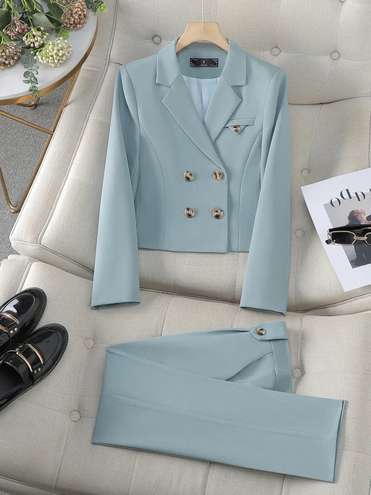 Blue Suit Women 2024 New Spring High End Fashion Temperament Professional Short Blazer And Pants Sets Office Ladies Work Wear