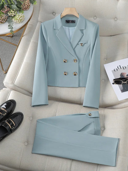 Blue Suit Women 2024 New Spring High End Fashion Temperament Professional Short Blazer And Pants Sets Office Ladies Work Wear