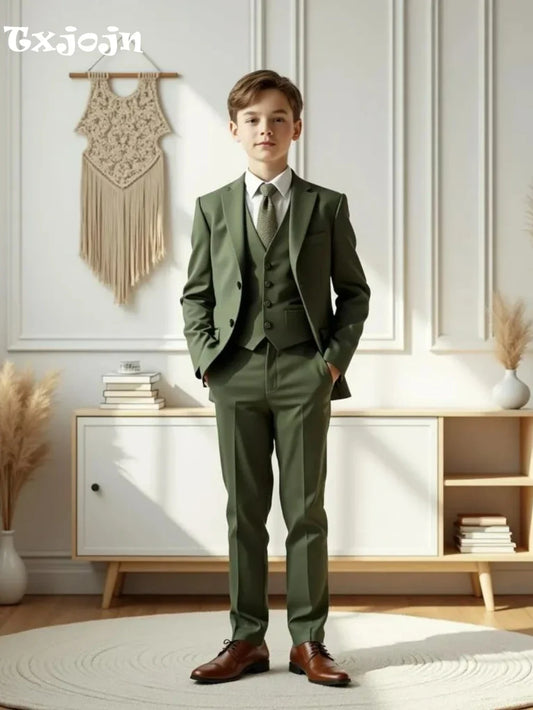 Green Smart Kids Suit Set Jacket Vest Pants 3 Pieces School Activities Wear Spring Notched Lapel Boys Suits Performance Tuxedo