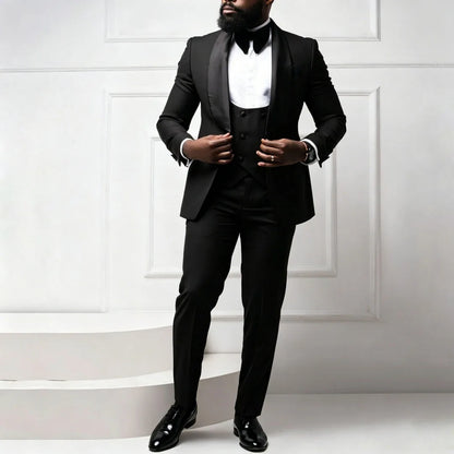 Men Suit Coffee 3 Pieces With Bright Black Lapel For Wedding Birthday Party Banquet Business Work Set Jacket Verst With Pants