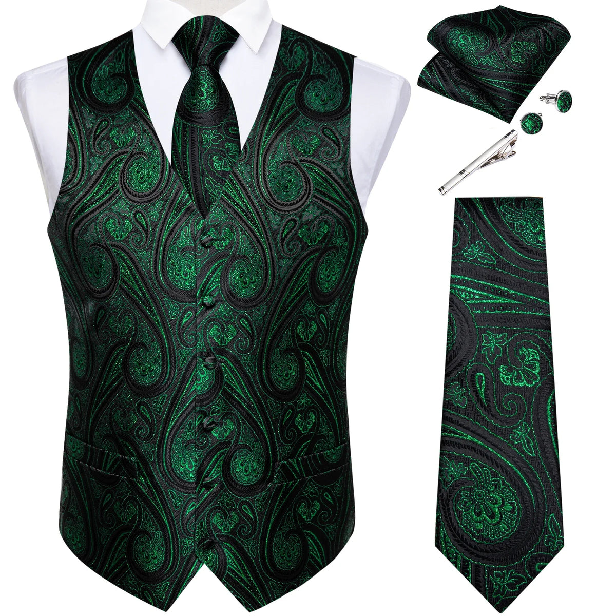 Men's Suit Vest Set with Tie, Handkerchief & Cufflinks for Wedding & Banquet