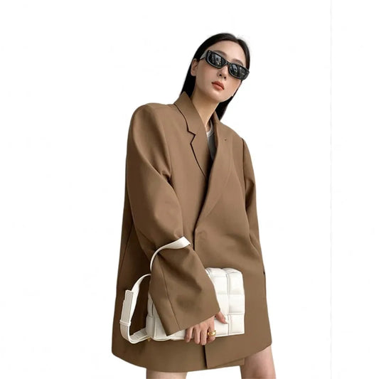 Spring Autumn Chic Female Oversize Blazers New Solid Color Designer Suit Jacket Office Ladies Loose Mid-length Coat Outerwear