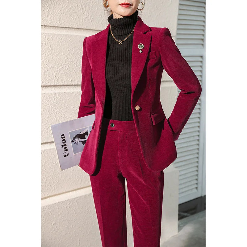 High Quality Fabric Corduroy Formal Women Business Suits OL Styles Professional Pantsuits Office Work Wear Autumn Winter Blazers