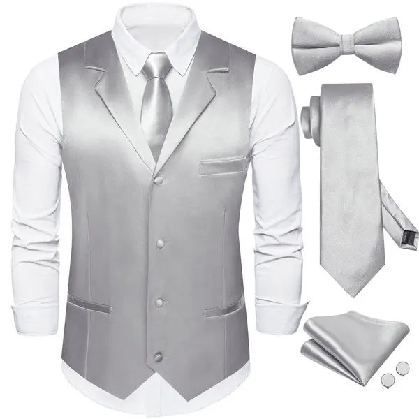 Men's Satin Waistcoat 5-Piece Set with Rose Gold Lapel – Vest, Necktie, Bow Tie, Pocket Square & Cufflinks