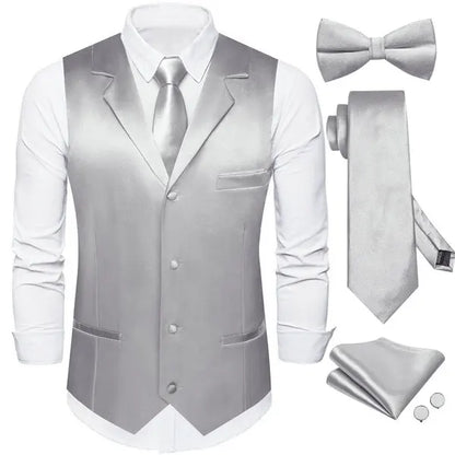 Men's Satin Waistcoat 5-Piece Set with Rose Gold Lapel – Vest, Necktie, Bow Tie, Pocket Square & Cufflinks