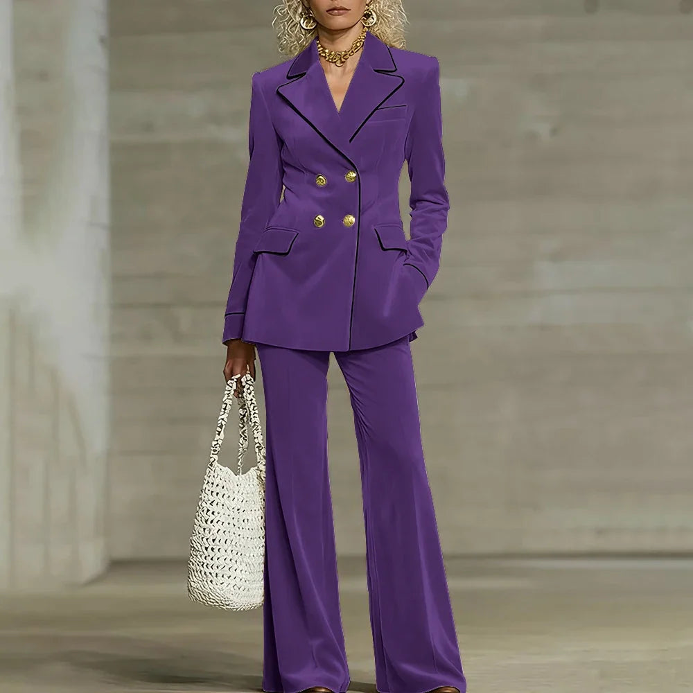 Luxury Women Yellow Velvet Clothing Double-Breasted Blazer+Pants Sets Elegant Winter Daily Suit Slim Fit Office Outerwears