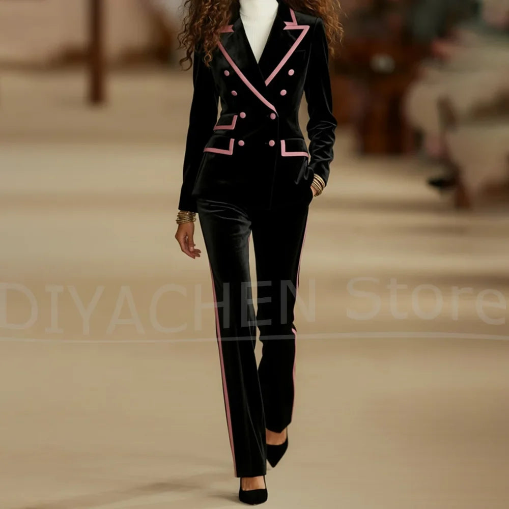 Women's Black Velvet Suit with Pink Trim Fashion Peak Lapel Double Breasted Outfit Stylish Prom Party Formal Pants Sets 2 Piece