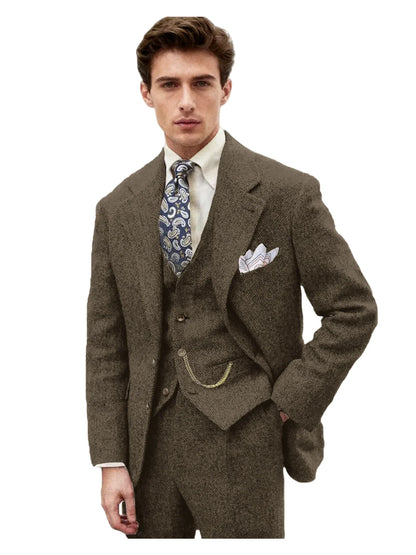 3 Piece Grey/Brown Mens Tweed Herringbone Wedding Suit Prom Tuxedos Peak Lapel Tweed for Business Slim Fit (Blazer+Vest+Pants)