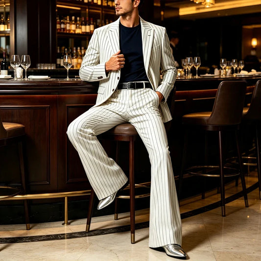 Men's 2-Piece Stripe Suit – Slim Fit Notch Lapel Jacket with Bell Bottom Trousers for Party & Formal Occasions
