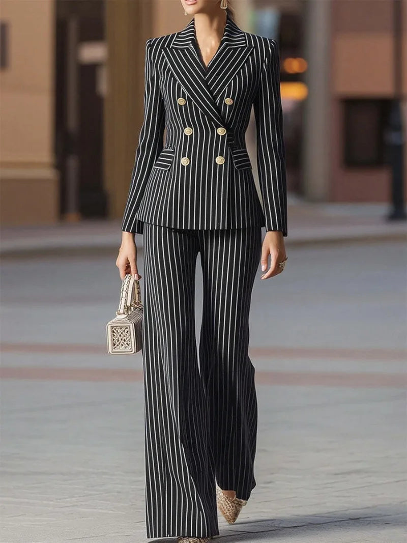 Autumn Pant Suit Women Striped Female Business Work Wear Jacket Blazer Trouser Formal 2 Piece Set Women's Clothing