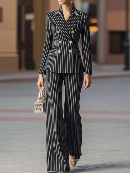 Autumn Pant Suit Women Striped Female Business Work Wear Jacket Blazer Trouser Formal 2 Piece Set Women's Clothing