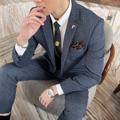 Ensemble costume trois pièces à carreaux modifié de haute qualité de style coréen britannique pour hommes - Gilet et pantalon de costume décontracté élégant