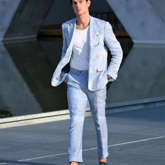 Men Suit Blue Linen Summer Men Suits 2 Pcs Notch Lapel One Button Travel Beach Blazer Jacket Tuxedos Pant Slim Fit Costume Homme