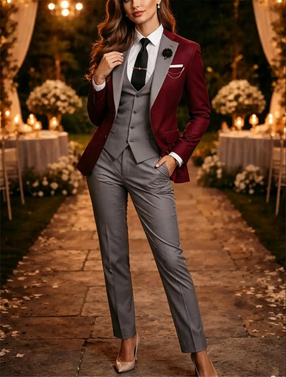 Women's Burgundy Grey Three-Piece Elegant Suits Wedding Dinner Outfits (Blazer+Vest+Pants) Tailor Made