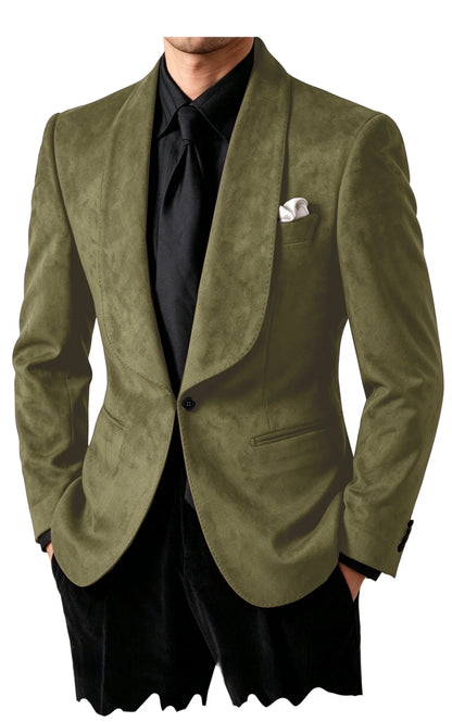 Luxury Men's Faux Suede Blazer Shawl Lapel 1 Button Slim Fit Tuxedo Jacket Business Casual For Wedding Party Prom Suit Coat