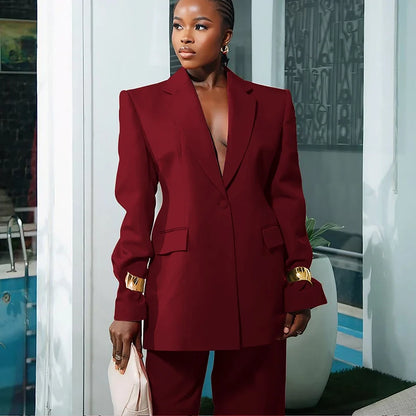 Elegant Women's Suit Autumn New Red Clothing Single Button Notch Lapel Blazer Pant Sets Formal Slim Fit Office Party Outerwears
