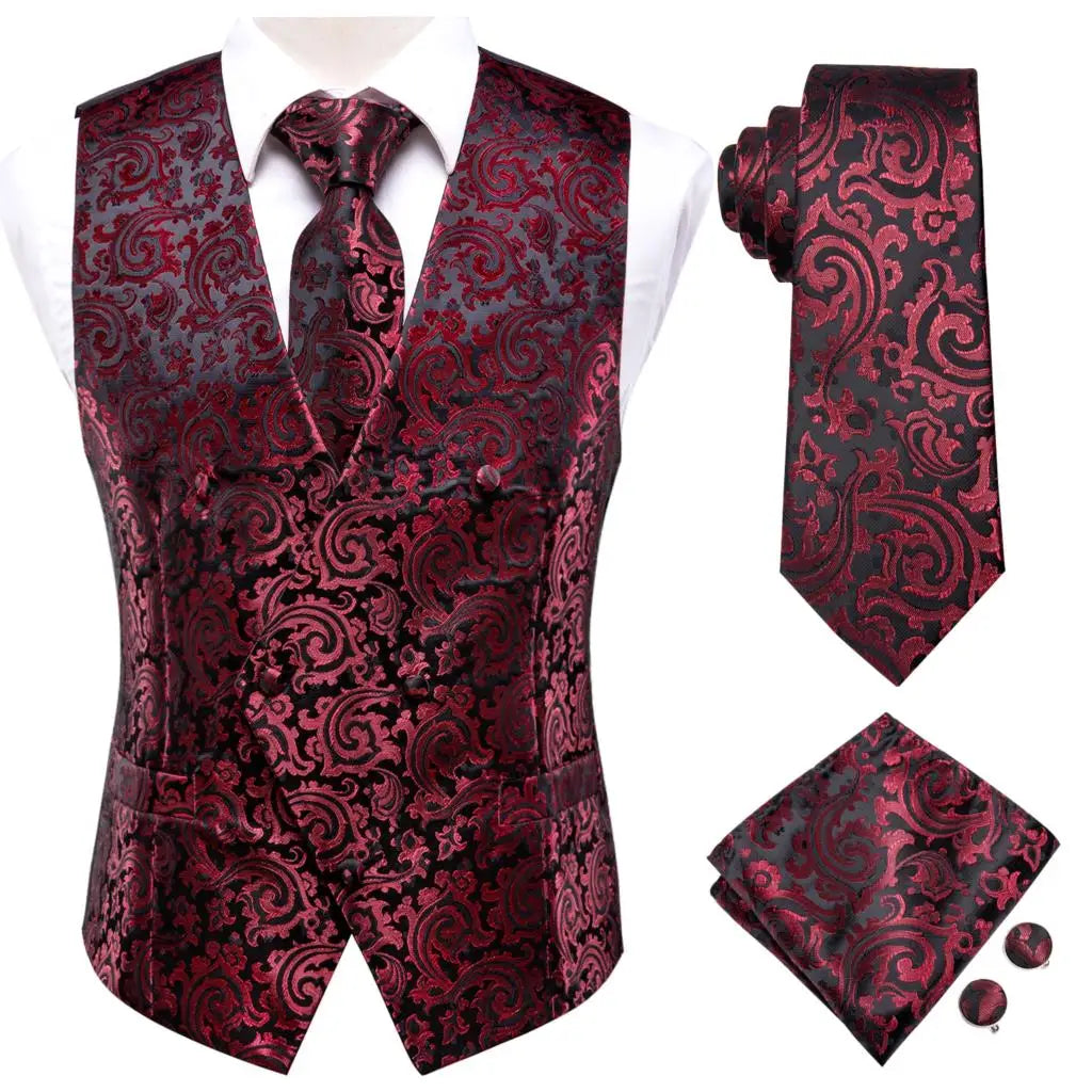 Men's Paisley Vest 4-Piece Set – Slim Fit Waistcoat with Necktie, Pocket Square & Cufflinks for Weddings