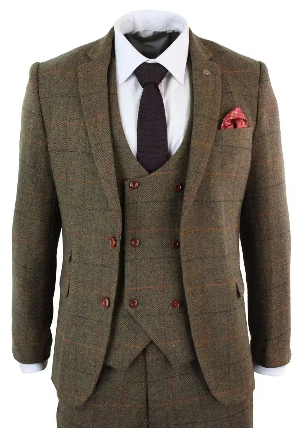 Élégant ensemble de costumes pour hommes 3 pièces à carreaux marron en laine à chevrons pour mariage, bureau, smoking, formel, affaires - Veste Gilet Pantalon