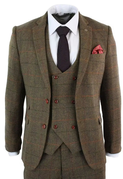 Élégant ensemble de costumes pour hommes 3 pièces à carreaux marron en laine à chevrons pour mariage, bureau, smoking, formel, affaires - Veste Gilet Pantalon