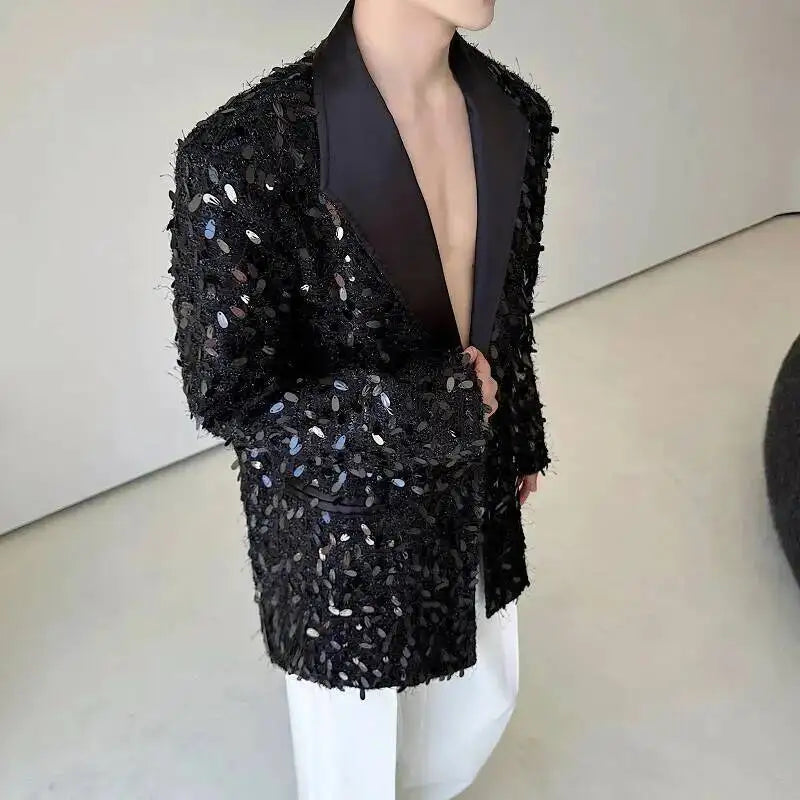 Design Patchwork Burr Original Casual Shoulder Pad Sequin Blazer Coat Men's 2025 Autumn Fashion Temperament Jacket JY7384