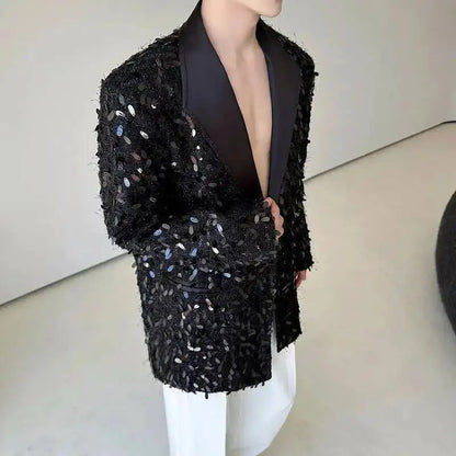 Design Patchwork Burr Original Casual Shoulder Pad Sequin Blazer Coat Men's 2025 Autumn Fashion Temperament Jacket JY7384