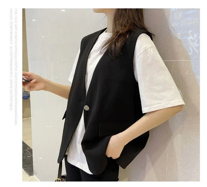 Feminine V-neck Blazer Waistcoat Tops Coat Korean Women Fashion Leisure Suit Vest Outerwear Spring Autumn Ladies Solid Color Sle