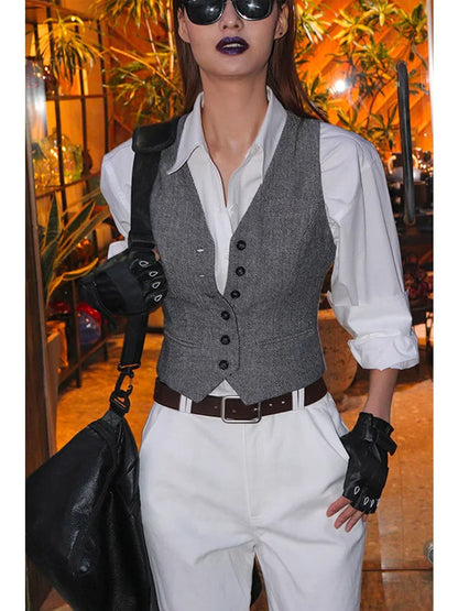 Korean Ladies Fashion Solid Color Vest Coat Summer Women V-neck Suit Sleeveless Outwear Spring Female Cardigan Waistcoat Jacket