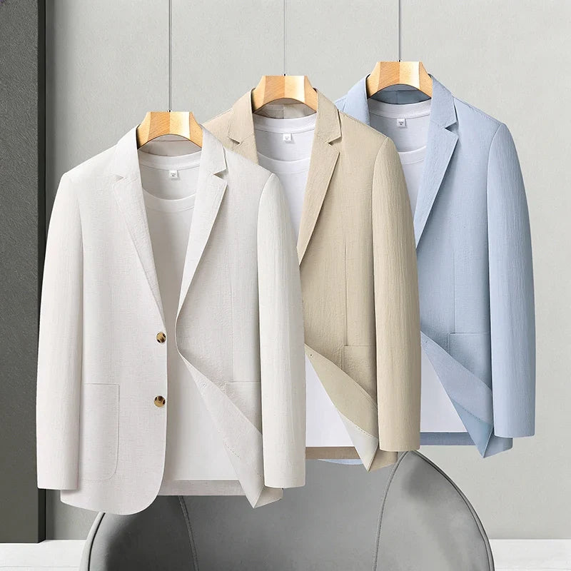 Spring and Autumn Slim-Fit Men's Stylish and Handsome Business Suits with Mid-Calf Length Jackets and Young Men's Linen Shirts