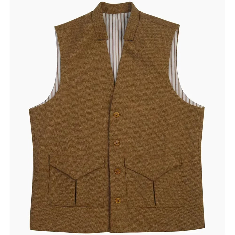 Men's Herringbone Tweed Vest – Single Breasted Slim Fit Waistcoat for Weddings & Smart Occasions