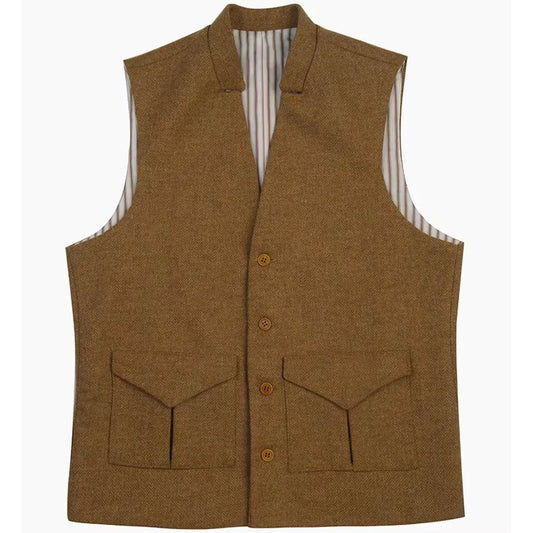 Men's Herringbone Tweed Vest – Single Breasted Slim Fit Waistcoat for Weddings & Smart Occasions