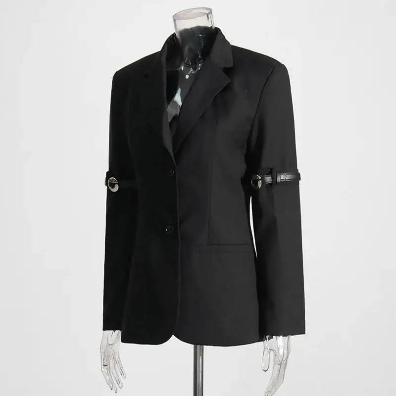 Autumn New Women Design Sense Blazer Personality Patchwork Belt Decoration Slim Fit Elegant Fashion High Street Coat HK9048