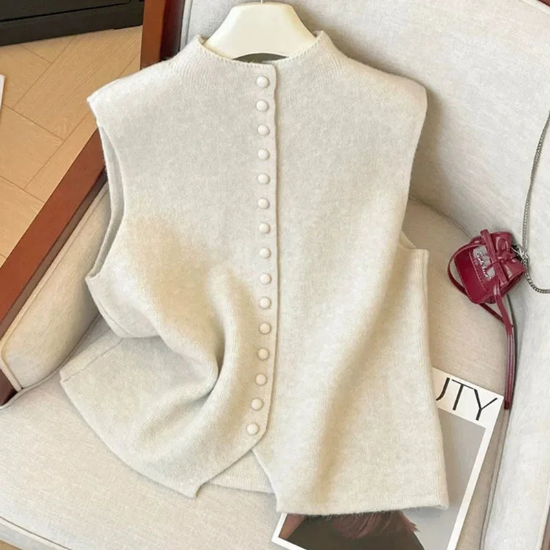 Autumn Winter Ladies Solid Color Knitting Vest Coat Korean Female high-end Stand Collar Sweater Women Fashion Knitted Sleeveless