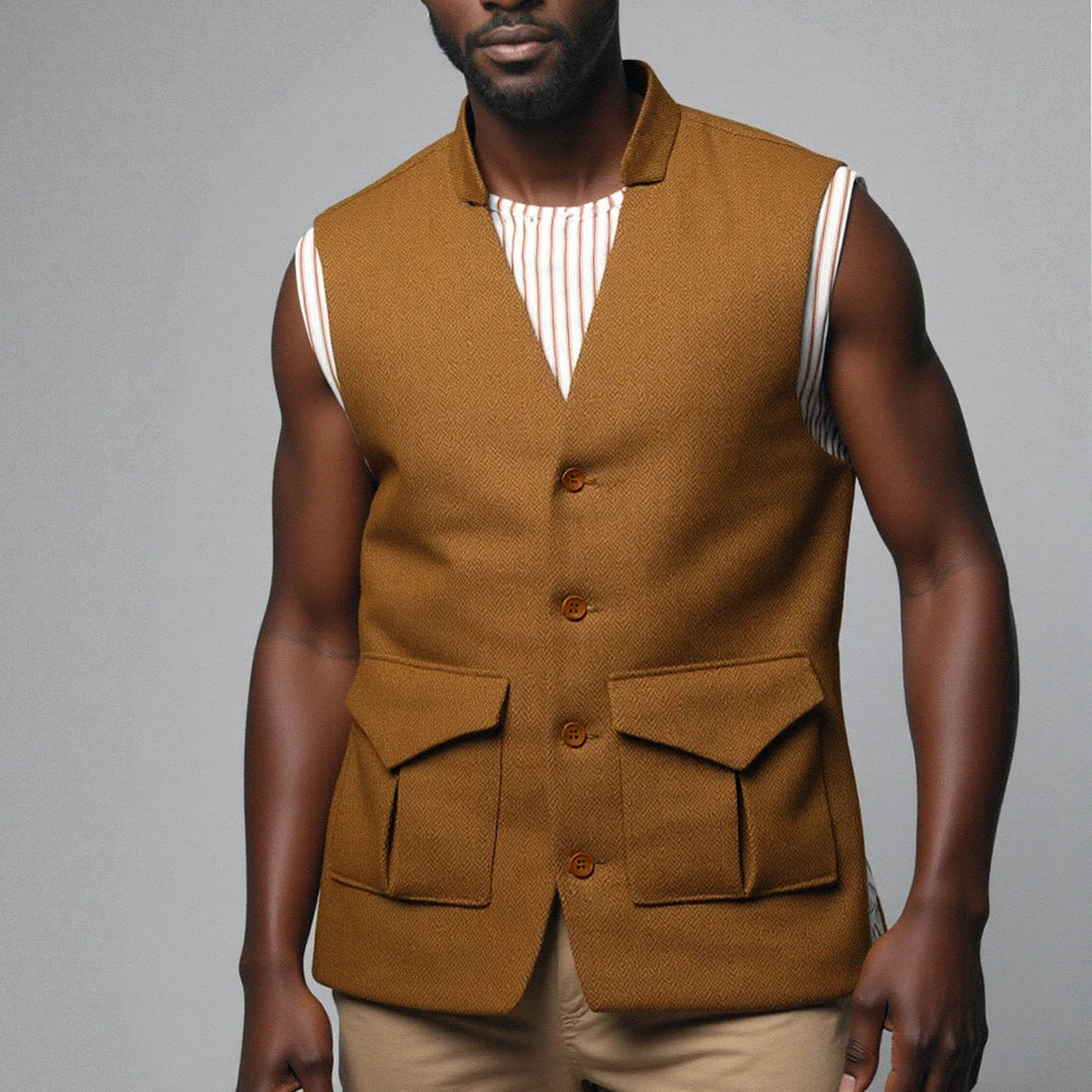 Men's Herringbone Tweed Vest – Single Breasted Slim Fit Waistcoat for Weddings & Smart Occasions