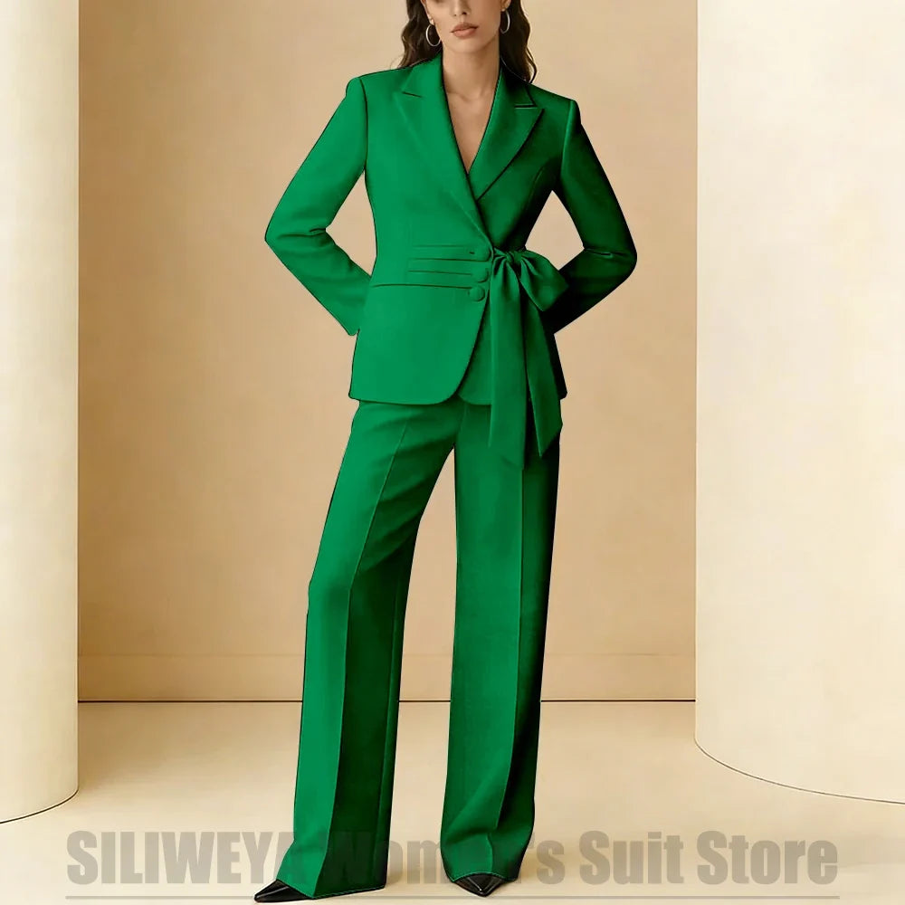 Women's Suit 2 Piece Bow Belt Design Formal Outfit for Wedding Party Prom Office Fashion Peak Lapel Daily Casual Lady Suits