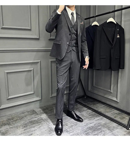 Men's 3 Piece Suit Set Double‑Button Slim Fit Solid Color Business Casual Wedding Party Jacket Vest Pants Formal Outfit for Men