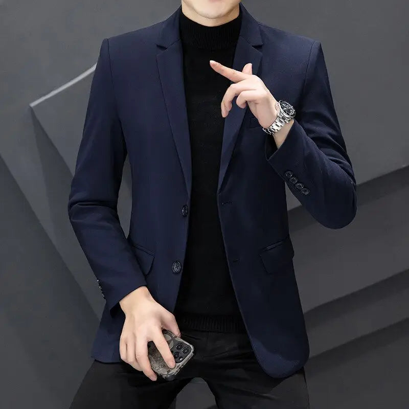 Men's Winter Cotton-Padded Thick Double-Breasted Casual Blazer Korean Style Trendy Solid Color Dark Blue Black Suit Jacket