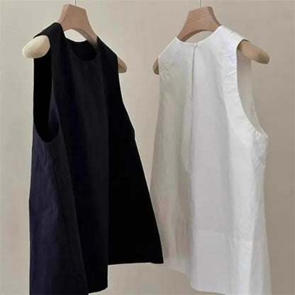 Korean Lady Fashion Solid Color Pullover Vest Shirt Summer Women Round Neck Sleeveless Spring Female Casual Short Waistcoat Tops