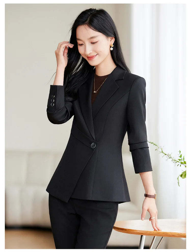 Elegant Green Apricot Black Ladies Pant Suit Women Female Business Work Wear Jacket and Trouser Blazer 2 Piece Set