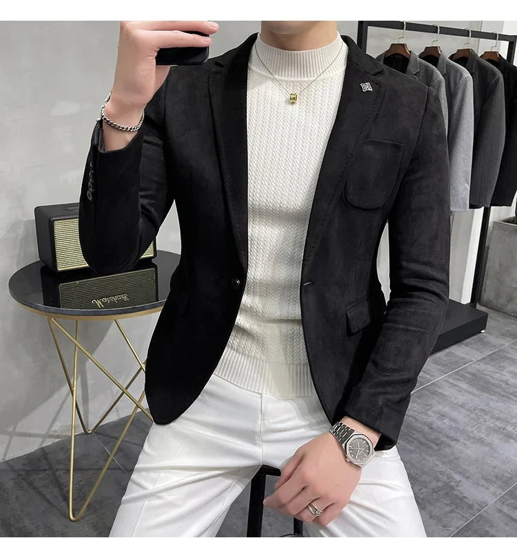 Deerskin Leather Jacket Blazer Men Casual Slim Fit Blazer Hombre Suit Leather Jacket Men Terno Masculino Men Clothing 6 Color