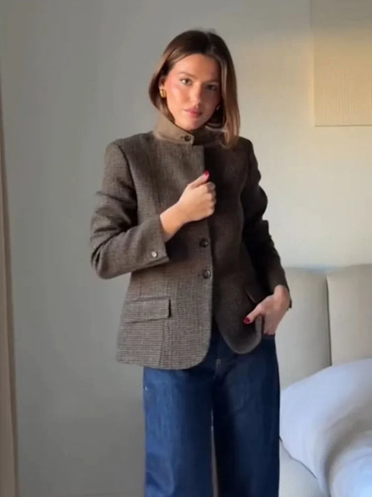 Women Fashion Long Sleeve Pockets Stand-up Collar Blazer Female Autumn Single-Breasted Casual High Street Commuter Jacket
