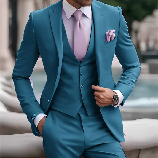 Blue Suit for Groom Wedding Tuxedo Men's Elegant Suit 3-Piece Suit (Jacket Pants Vest) Formal Custom Outfit