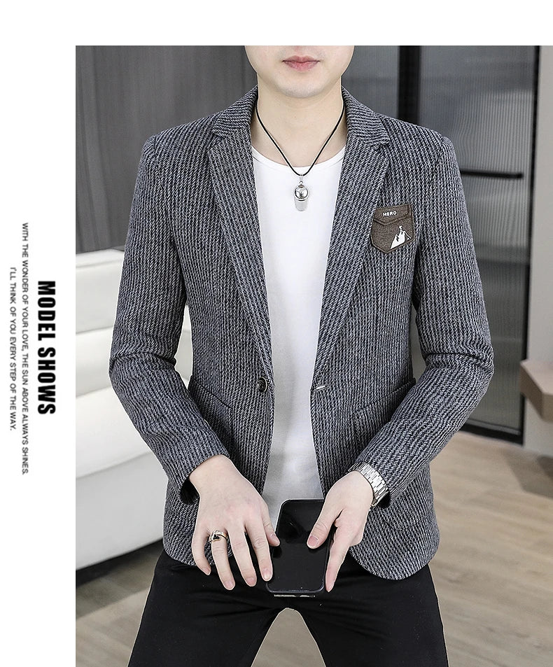 2025 Autumn Men's Casual Suit Jacket Fashion Slim Fit Striped Blazers Streetwear Social Business Versatile Formal Dress Coats