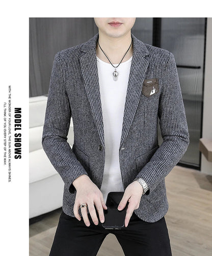 2025 Autumn Men's Casual Suit Jacket Fashion Slim Fit Striped Blazers Streetwear Social Business Versatile Formal Dress Coats