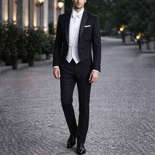 Men Suit Black 3 Pieces Single Breasted Bright Lapel For Wedding Groom Banquet Party Prom Business Work Jacket Pants White Vest