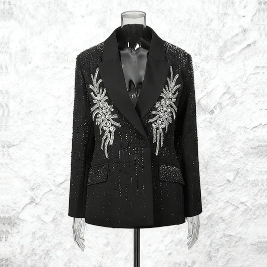 Spring Autumn New Women Blazer Beaded Sequined Studded Diamonds Double Breasted Slim Fit Elegant Luxury Trendy Coat HK17096