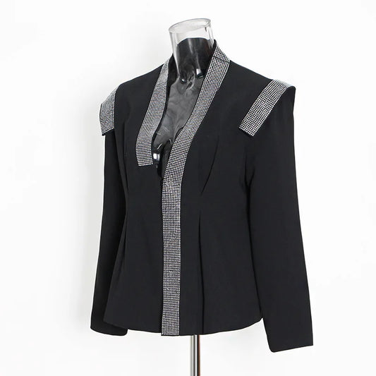 Women Blazer Dark Style Heavy Diamond Design V-Neck Pleated Fashion Patchwork Elegant Niche Punk Slim Fit Suit-Coat HK28006