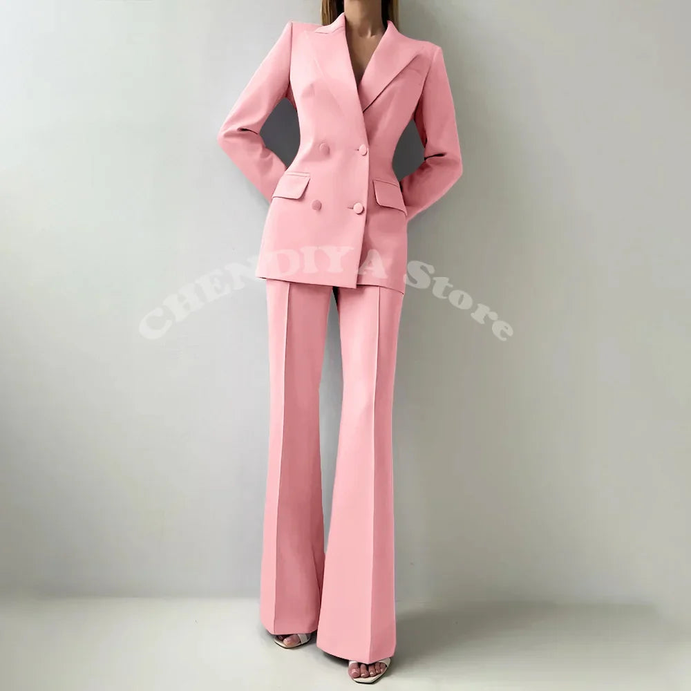 Women Suits Sets 2 Piece Elegant Peak Lapel Double Breasted Outfits Fashion Daily Casual Chic Female Suit (Jacket+Pants)