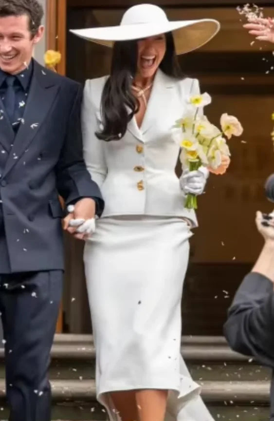 Women White Wedding Suit 2 Piece Set Slim Fit Blazer Long Midi Skirt Vintage Wide Brim Hat Outfit Formal Evening Customized
